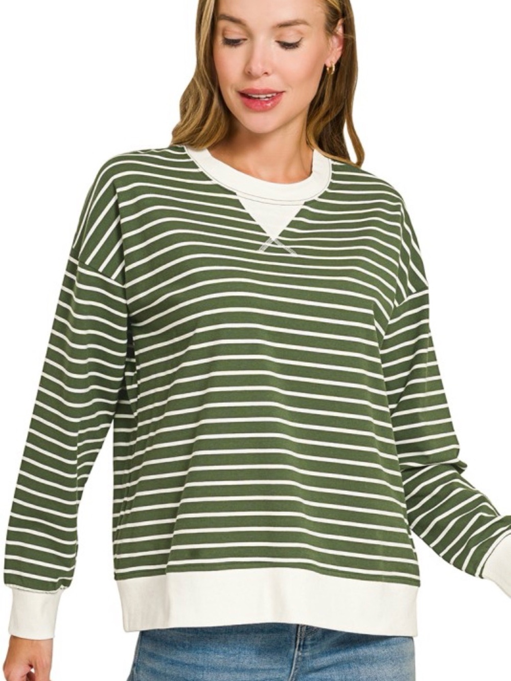 Zenana Olive Green and cream Striped Relaxed Sweatshirt